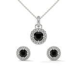 Round Cut Diamond Black Diamond Halo Pendant & Stud Earrings Set in White Gold