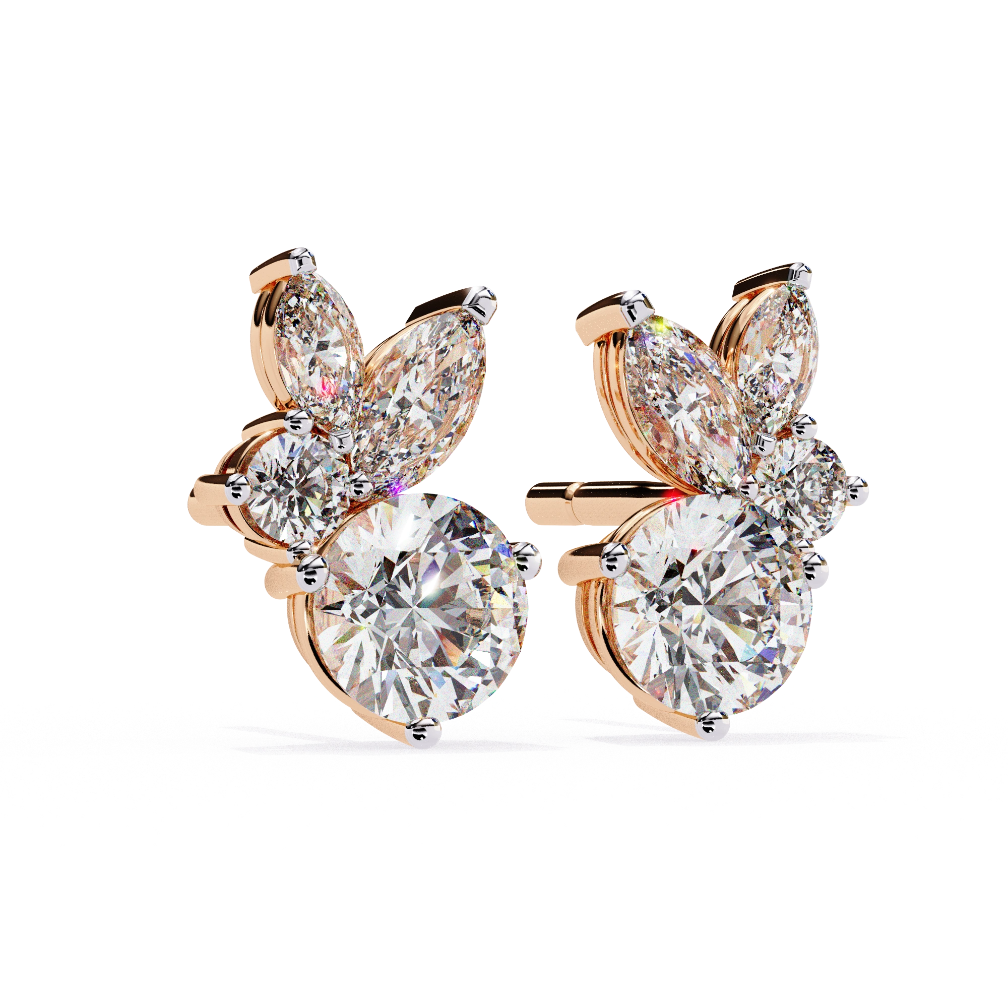 1.50 Carat Diamond Stud Earrings Leaf Cluster Floral Design 18K Rose Gold Natural Diamond