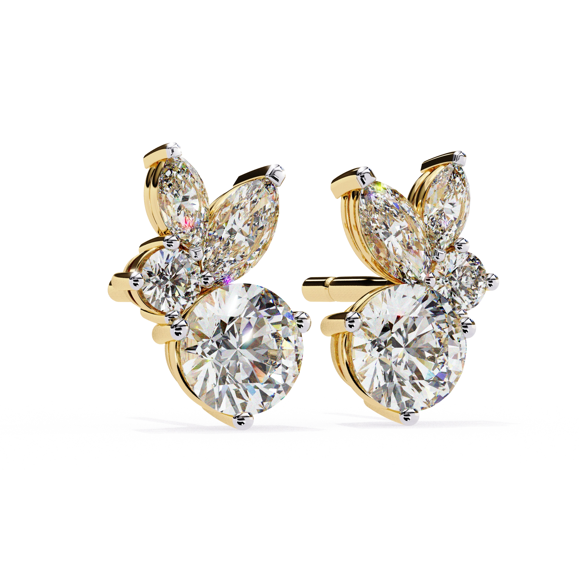1.50 Carat Diamond Stud Earrings Leaf Cluster Floral Design 18K Yellow Gold Natural Diamond