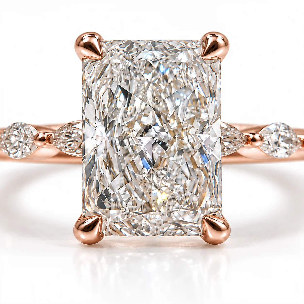 Front view of 2.50 Ct Radiant cut diamond ring with marquise side stones