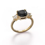 Cushion Cut Black Diamond Three Stone Engagement Ring Black Diamond Engagement Ring