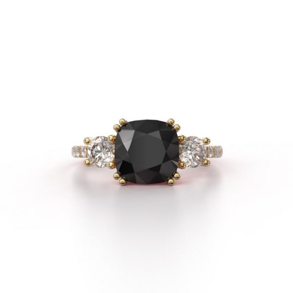 Cushion Cut Black Diamond Three Stone Engagement Ring Black Diamond Engagement Ring