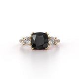 Cushion Cut Black Diamond Three Stone Engagement Ring