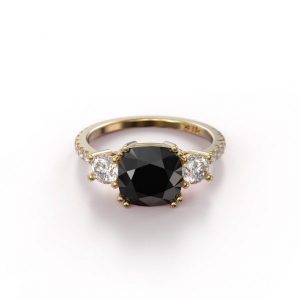Cushion Cut Black Diamond Three Stone Engagement Ring Black Diamond Engagement Ring