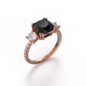 Cushion Cut Black Diamond Three Stone Engagement Ring 18K Rose Gold Black Diamond Engagement Ring