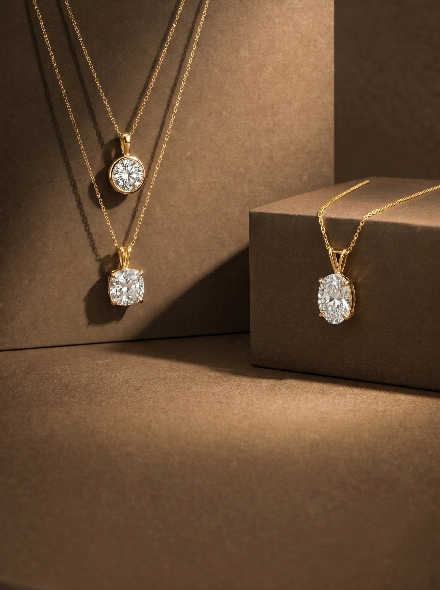 Lab grown diamond solitaire pendants in round, cushion and oval cut on yellow gold chain necklace.