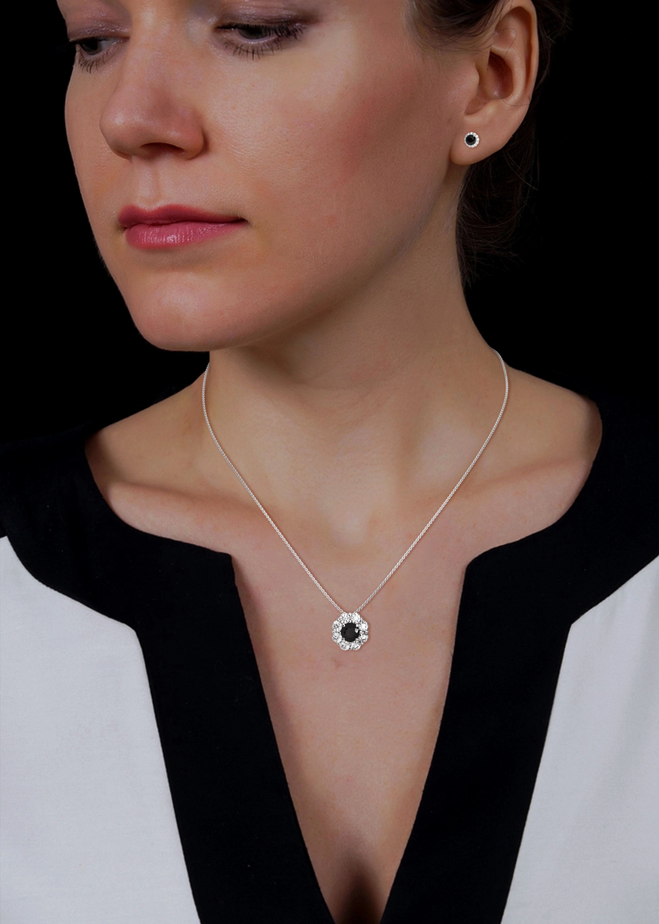 Elegant Round Cut Diamond Black Diamond Halo Pendant & Earrings Set