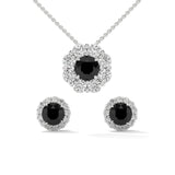 Elegant Round Cut Diamond Black Diamond Halo Pendant & Earrings Set