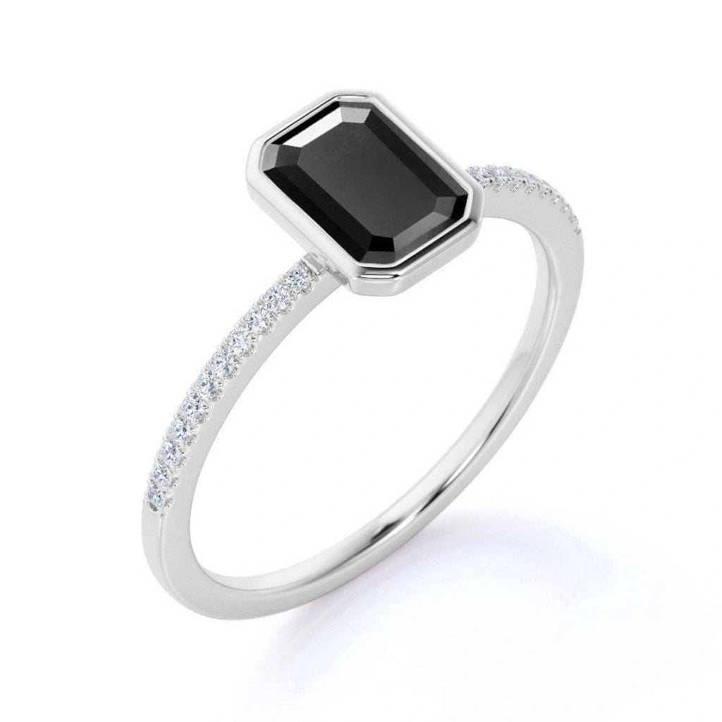 1.22 CT Emerald Cut Bezel Setting Solitaire Black Diamond Ring Black Diamond Engagement Ring