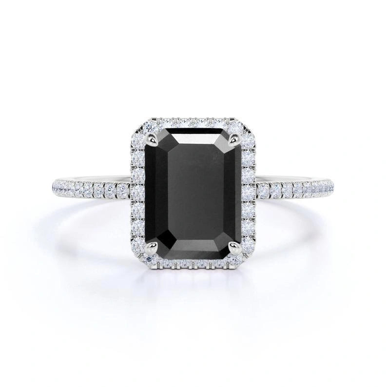 Buy Emerald Cut Black Diamond Halo Engagement Rings With Accent Black Diamond Engagement Ring