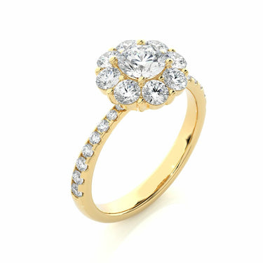 Anillo de compromiso de diamantes florales con halo y engaste de puntas de 1,65 en oro amarillo 