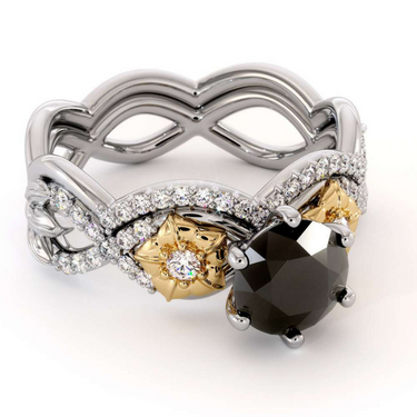 2 Carat Round Cut Six Prong Black And White Diamond Bridal Set Ring