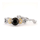 2 Carat Round Cut Six Prong Black And White Diamond Bridal Set Ring