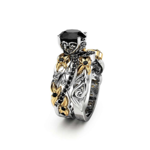 2 Carat Round Cut Floral Prong Bridal Set Black Diamond Ring Black Diamond Wedding Rings