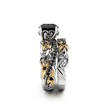 2 Carat Black Diamond Flower Bridal Set Ring In Two Tone Gold