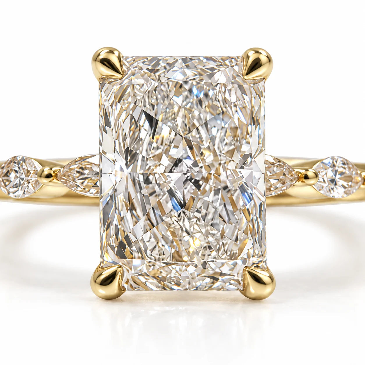 Front View of 2.5 ct Radiant Cut Diamond Engagement Ring with Marquise Accents