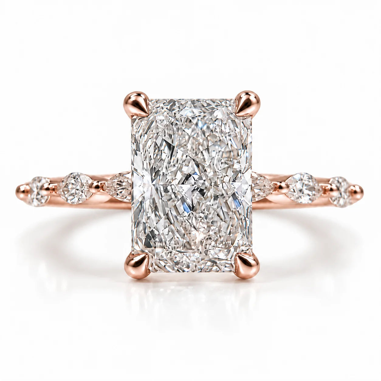 Front view of 2.50 Ct Radiant cut diamond ring with marquise side stones