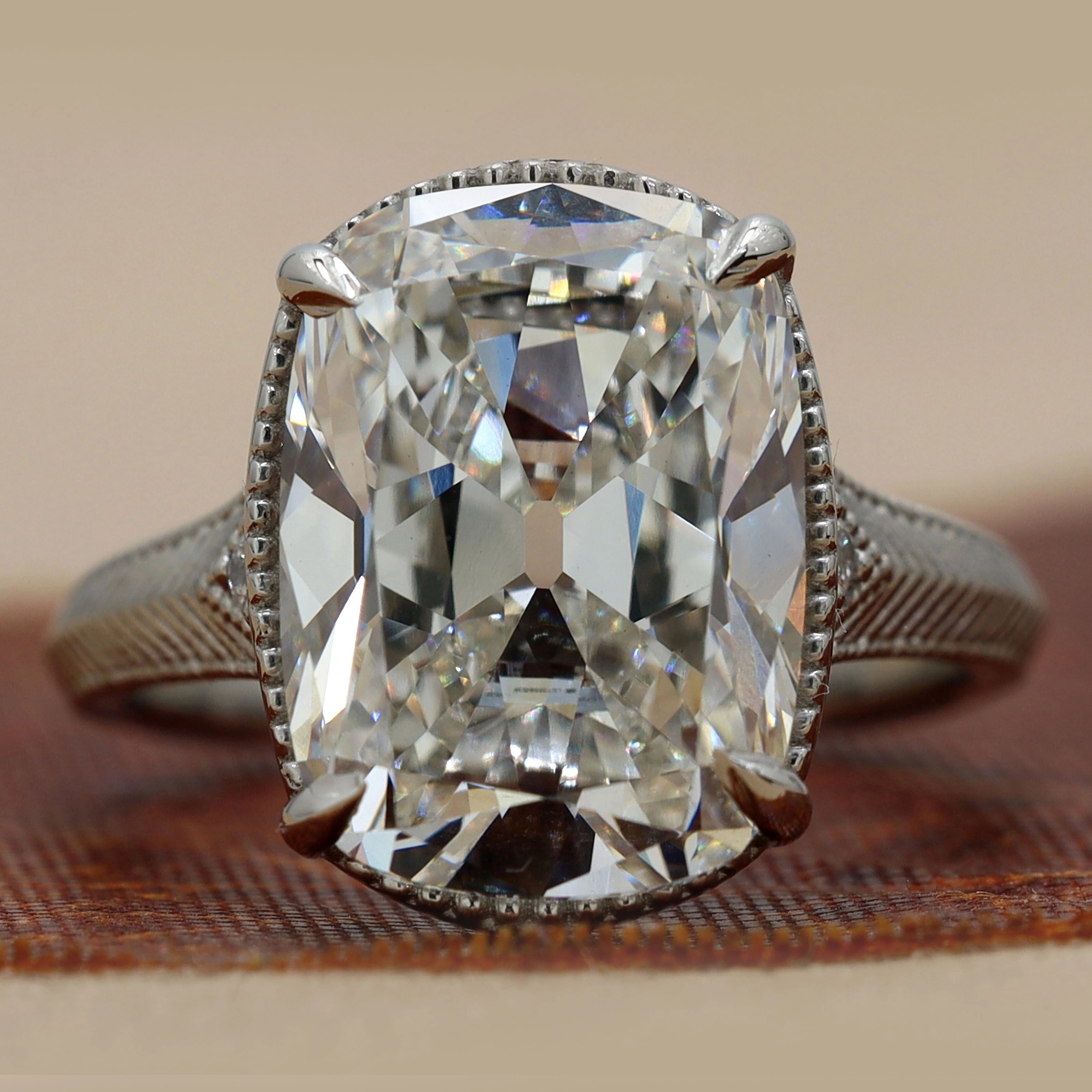 Front View of 6.18 Ct Elongated Cushion-Cut Diamond Vintage-Style Engagement Ring 