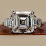 6.84 Ct Asscher Cut Three Stone Diamond Engagement Ring with Step-Cut Side Stones