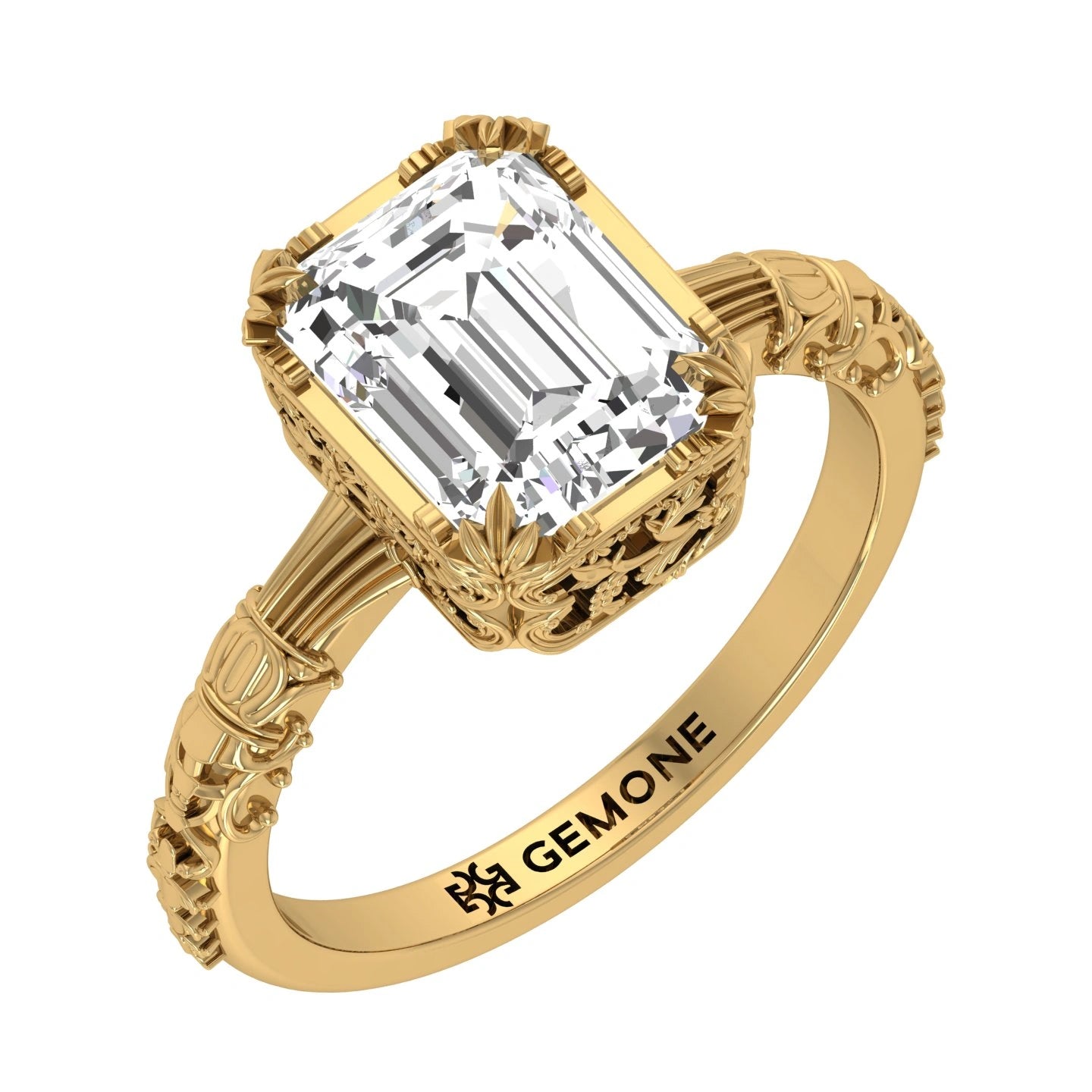 Angled View Of 2.5 Ct Emerald Cut Solitaire Ring Four-Prong Corner 