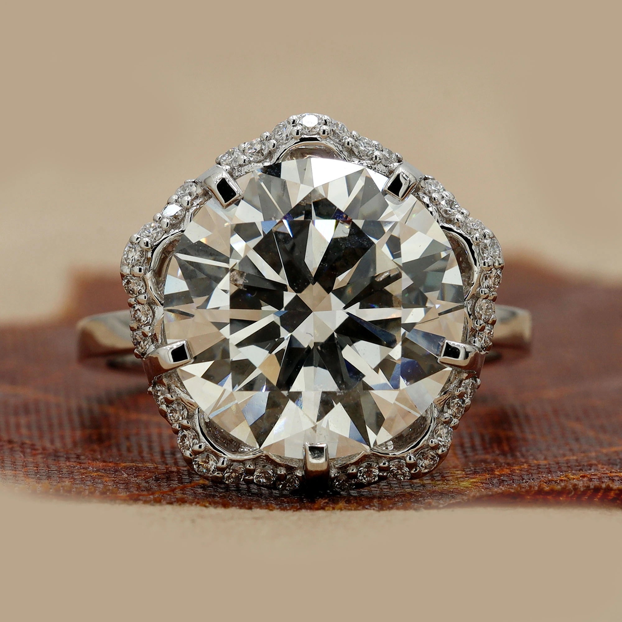 7.28 Ct Round Brilliant Cut Diamond Ring with Vintage-Inspired Scalloped Halo Prong Setting