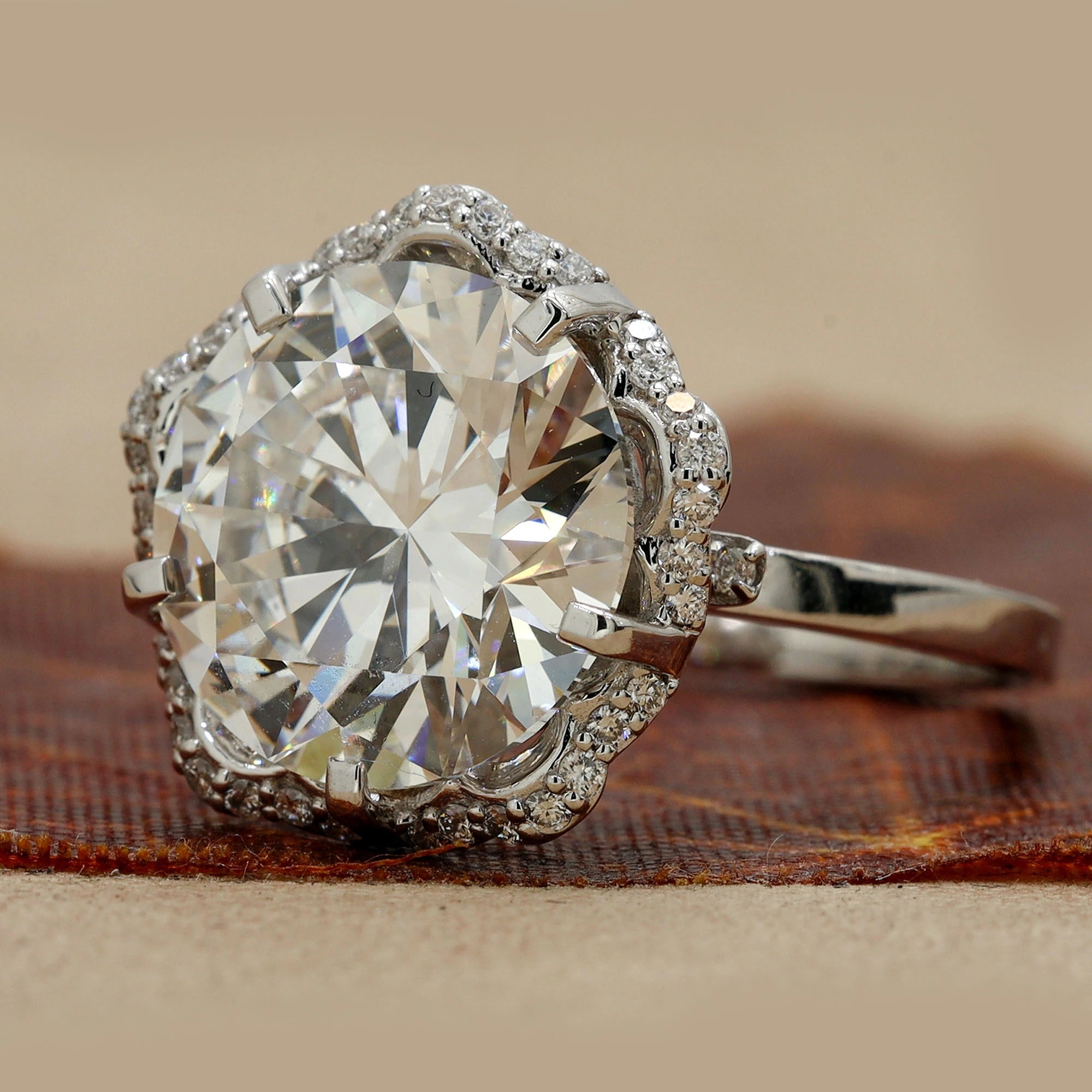 7.28 Ct Round Brilliant Cut Diamond Ring with Vintage-Inspired Scalloped Halo Prong Setting