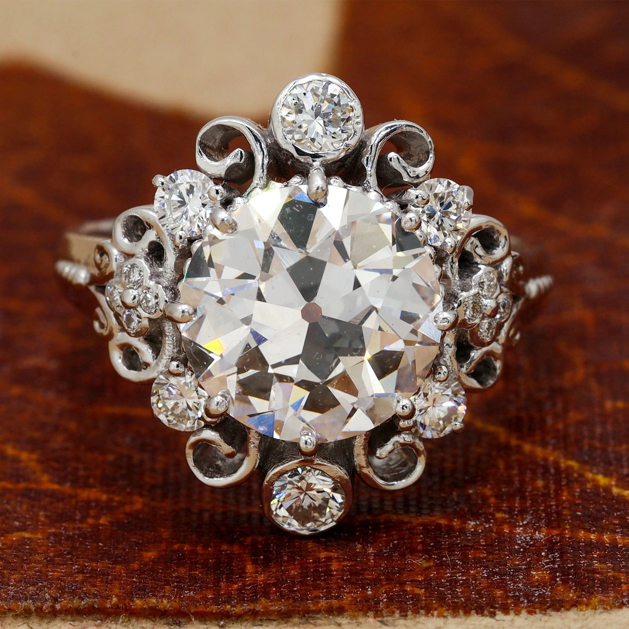 Front View Of 3.99 Ct Antique Diamond Cluster Ring Openwork Illusion