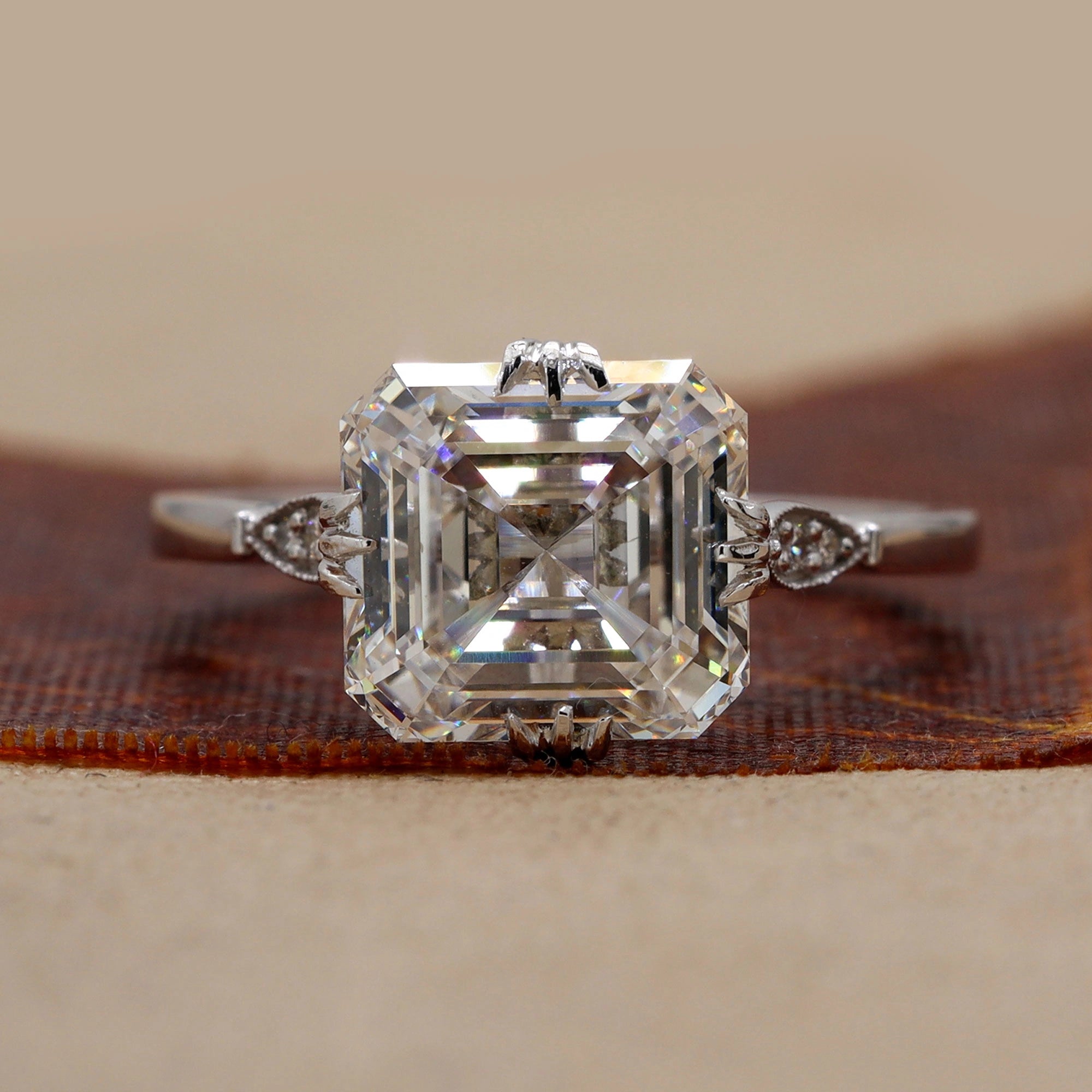 Front view Of 4.09 Carat Asscher Cut Vintage Solitaire Ring & Accent Stones