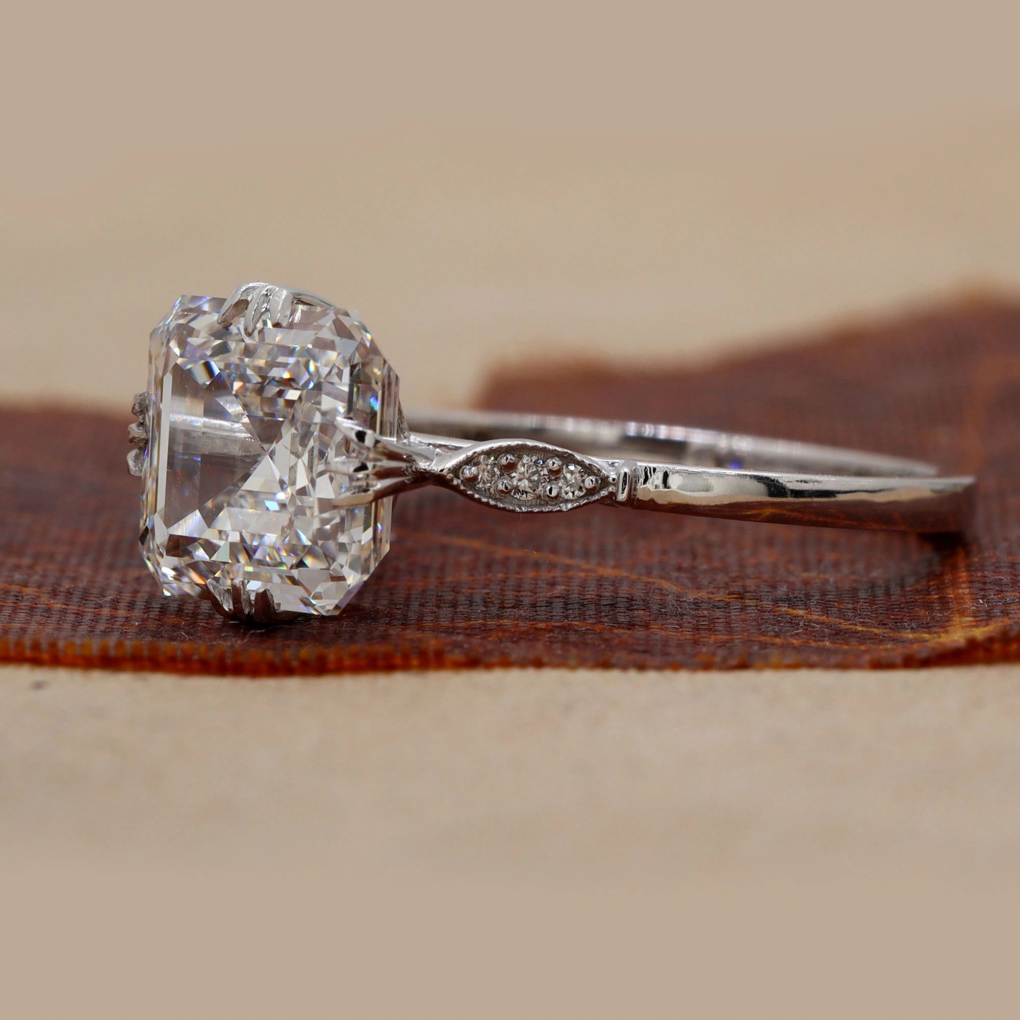 4.09 Ct Asscher Cut Diamond Engagement Ring with Vintage-Style Four-Prong setting