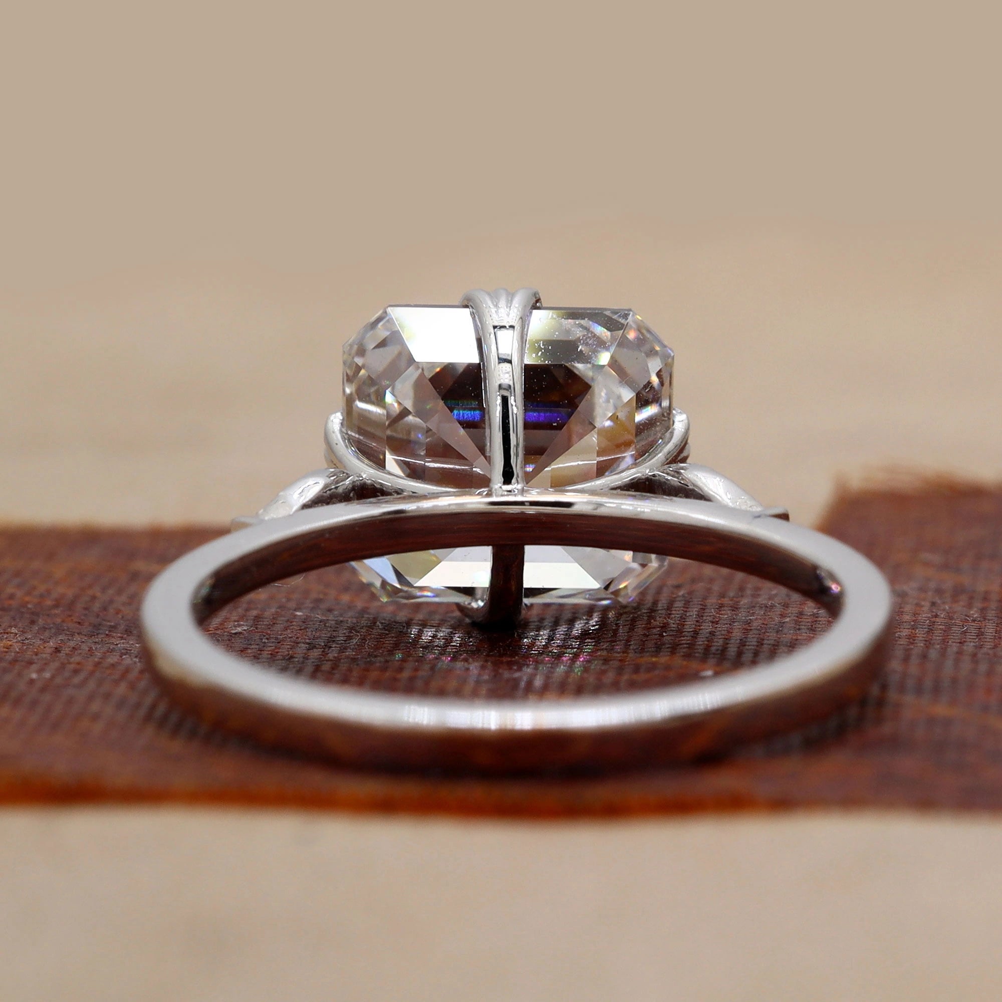 Back View Of 4.09 Carat Asscher Cut Vintage Solitaire Ring & Accent Stones