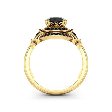 2 Carat Round Cut Hidden Halo Prong Setting Victorian Black Diamond Ring In Yellow Gold