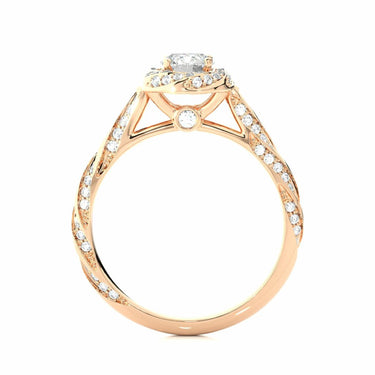 Anillo de compromiso de diamantes con halo y diseño de flor de talla redonda de 0,95 quilates en oro rosa 