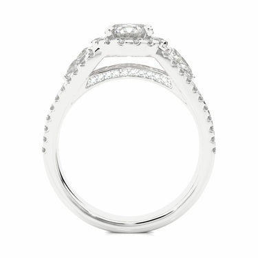 1.45 Ct Round And Pear Three Stone Hidden Halo Lab Diamond Ring In White Gold