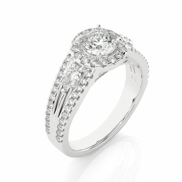 1.45 Ct Round And Pear Three Stone Hidden Halo Lab Diamond Ring In White Gold