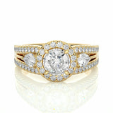 1.45 Ct Round And Pear Three Stone Hidden Halo Lab Diamond Ring In Yellow Gold