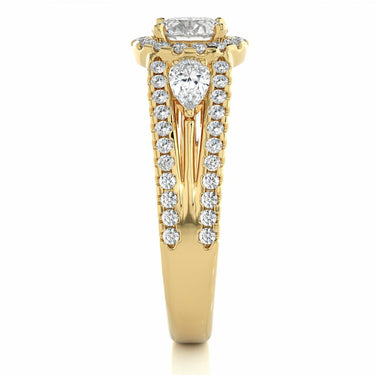 1.45 Ct Round And Pear Three Stone Hidden Halo Lab Diamond Ring In Yellow Gold