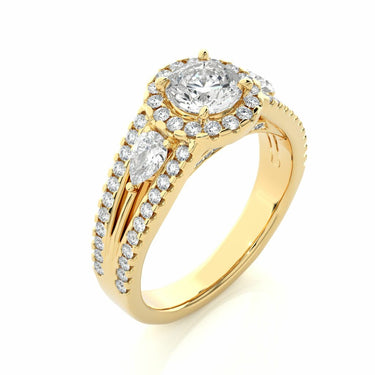 1.45 Ct Round And Pear Three Stone Hidden Halo Lab Diamond Ring In Yellow Gold