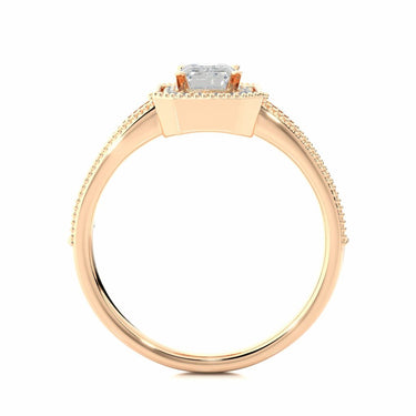 Anillo de compromiso de diamantes con halo y engaste de punta de talla esmeralda de 1,05 quilates en oro rosa