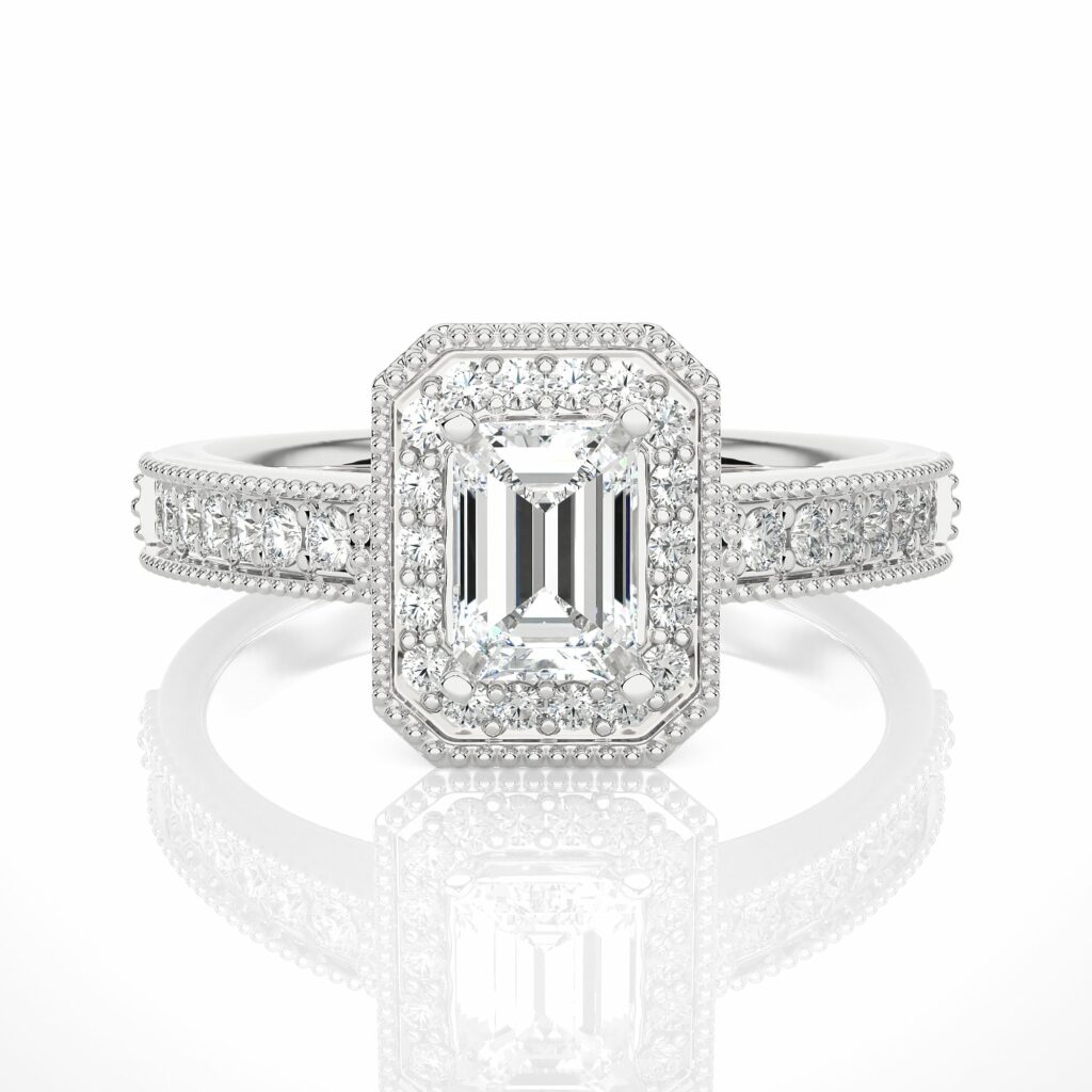 1.05 Carat Emerald Cut Prong Setting Halo Diamond Engagement Ring In Yellow Gold White
