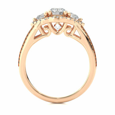 1.15 Ct Round Shape Halo Prong Setting Three Stone Halo Lab Diamond Ring In Rose Gold