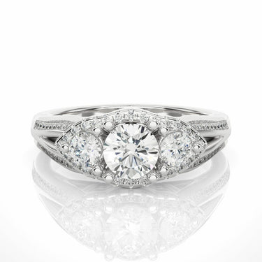 1.15 Ct Lab Diamond Three Stone Halo Engagement Ring White Gold