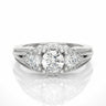 1.15 Ct Round Cut Prong Set Lab Diamond 3 Stone Halo Engagement Ring In White Gold