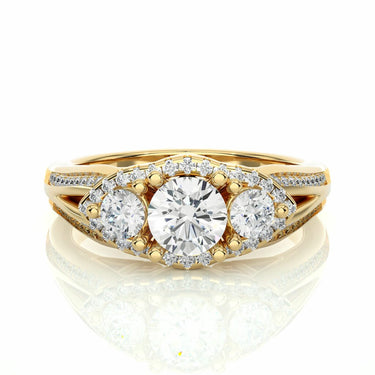 1.15 Ct Three Stone Halo Engagement Ring Yellow Gold