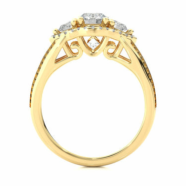 1.15 Ct Three Stone Halo Engagement Ring Yellow Gold