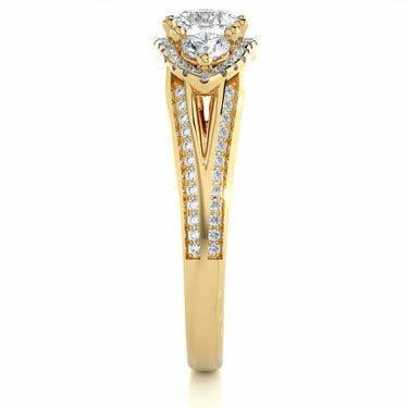 1.15 Ct Three Stone Halo Engagement Ring Yellow Gold