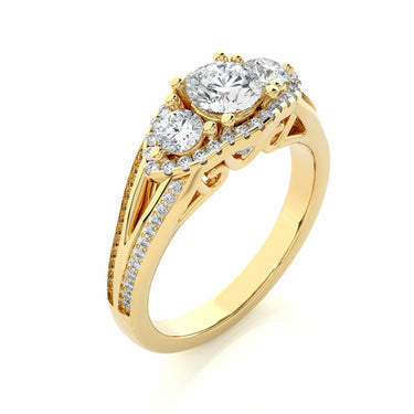 1.15 Ct Three Stone Halo Engagement Ring Yellow Gold