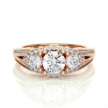 1.15 Ct Round Cut Prong Set Lab Diamond 3 Stone Halo Engagement Ring In Rose Gold