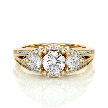 1.15 Ct Round Cut Prong Set Lab Diamond 3 Stone Halo Engagement Ring In Yellow Gold