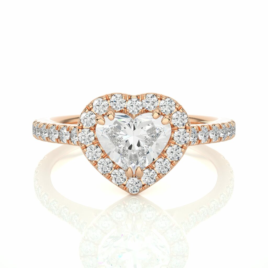 Heart Shape Diamond Double Prongs Halo Ring For Women 18K Rose Gold Natural Diamond