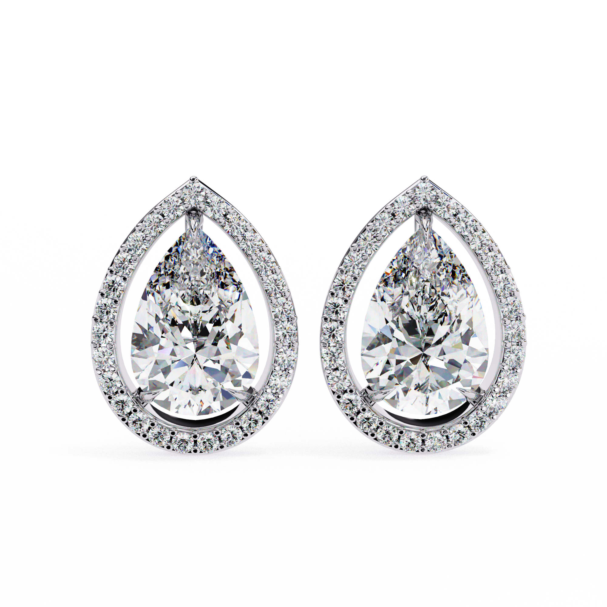3.42 Carat Pear Diamond Halo Stud Earrings in Gold and Platinum Lab Diamond